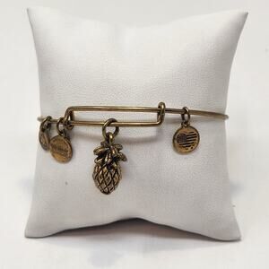 Alex and Ani Pineapple Dangle Charm Bangle Bracelet Antiqued Gold Tone Slider